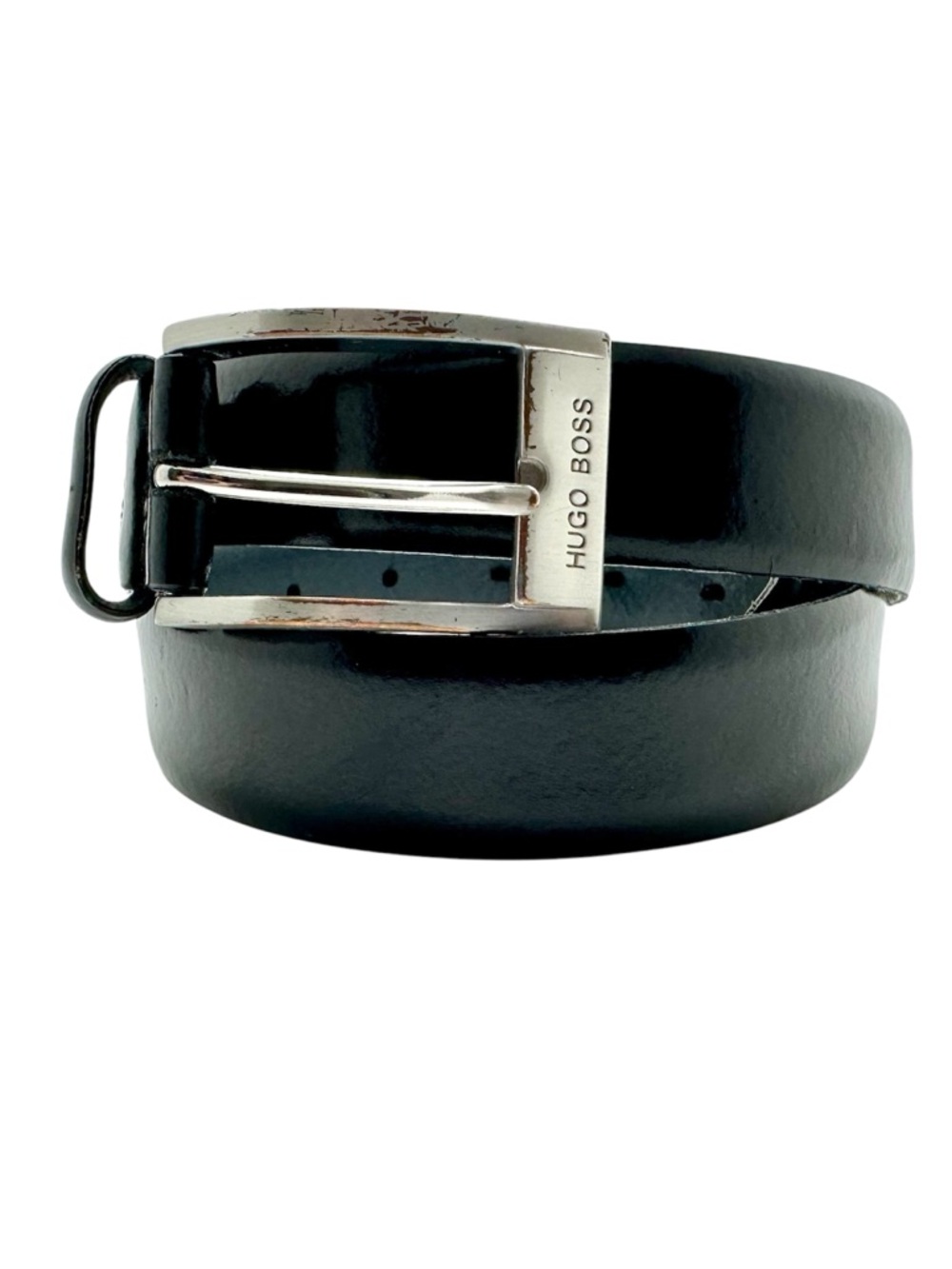 Hugo Boss Gellot Black Leather Belt Silver Buckle 1.5 in W 45 in L Size 36